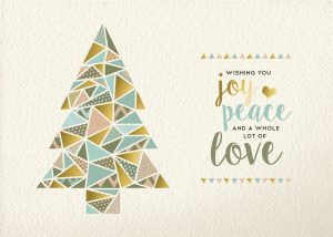 Merry christmas Happy new year triangle pine tree design in retro geometry style with gold and pastel color on texture background. Ideal for xmas greeting card or holiday event. EPS10 vector.